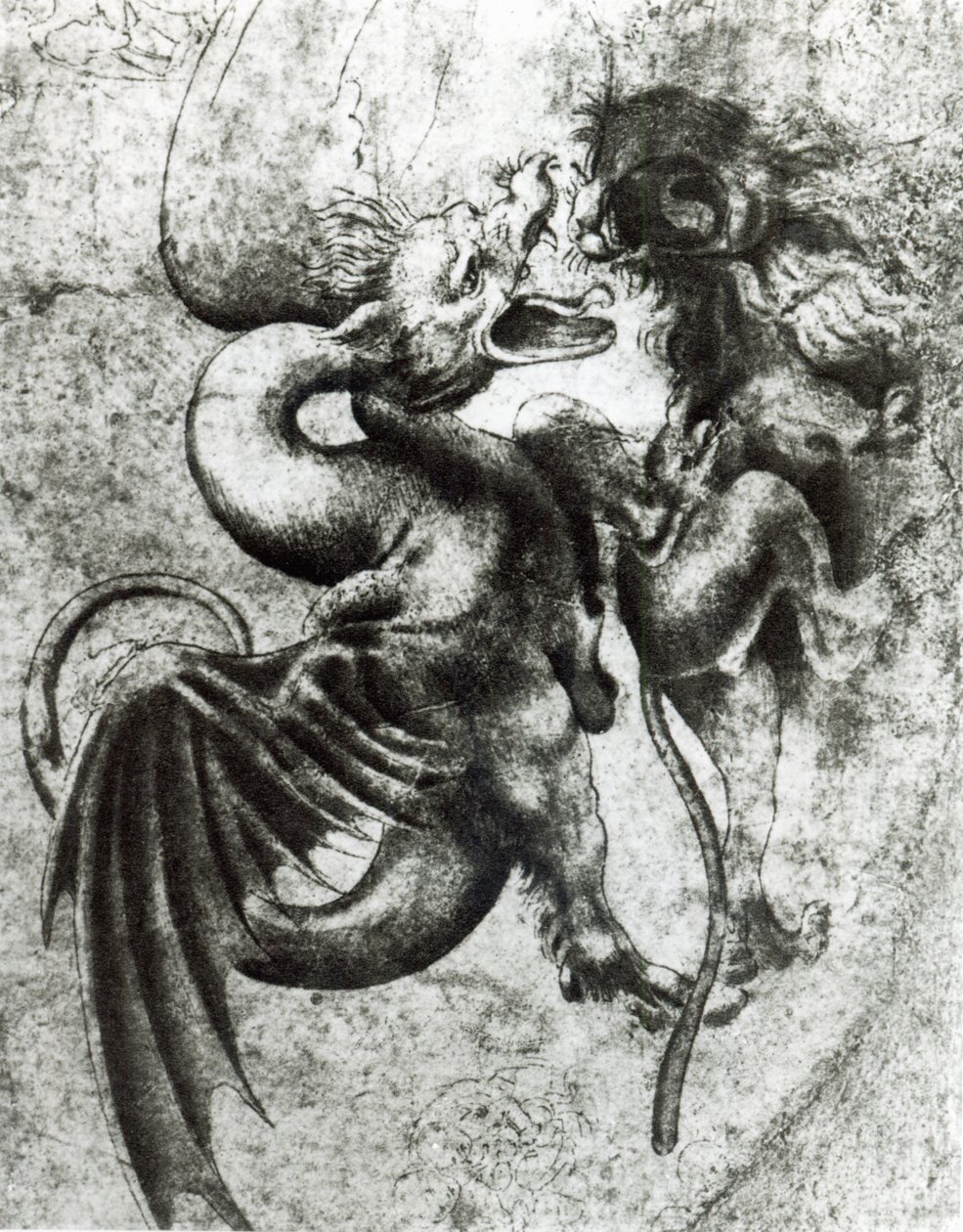 Walcz między smokiem a lwem (brązowy tusz z wash on paper) autorstwa Leonardo da Vinci