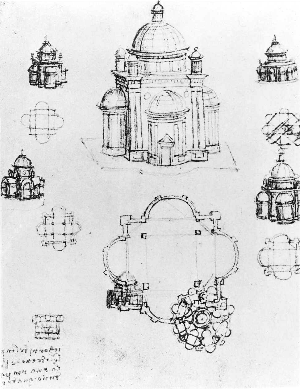 Studia dla budynku o planie scentralizowanym, fragment fol. 3v z Codex Ashburnham I i II dawniej część Rękopisu B 2184, c.1492 pióro i atrament na papierze autorstwa Leonardo da Vinci