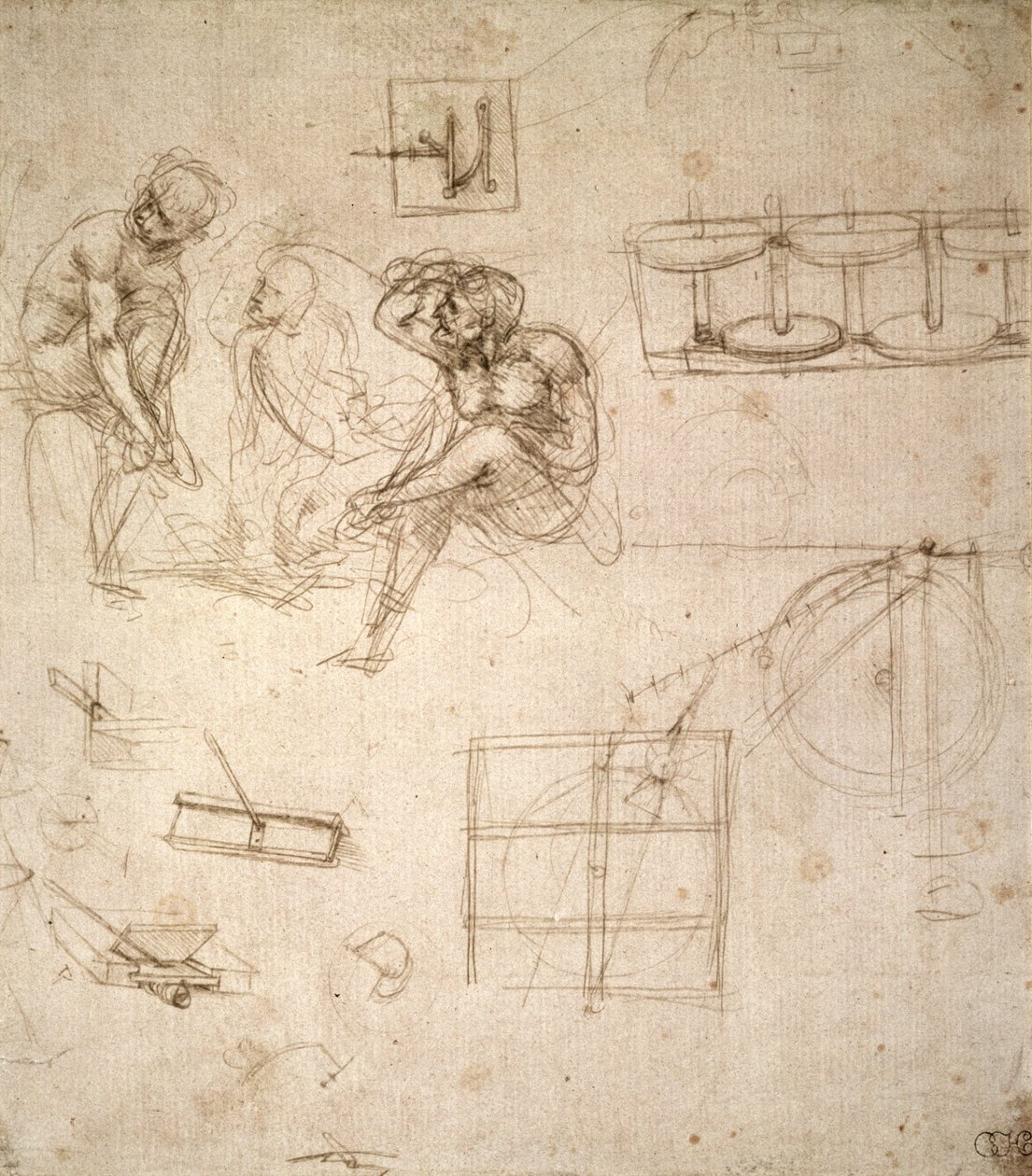 Studia Figur i Maszyn (silverpoint na papierze) autorstwa Leonardo da Vinci