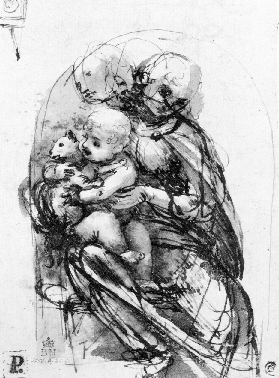 Studium Madonny z kotem, ok. 1478-80 (rysunek piórkiem i tuszem na papierze) autorstwa Leonardo da Vinci
