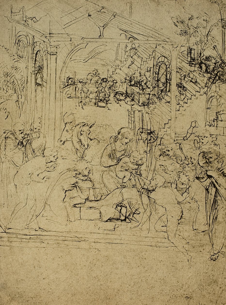 Studium do Adoracji Magów; rysunek Leonarda da Vinci. Luwr, Paryż autorstwa Leonardo da Vinci