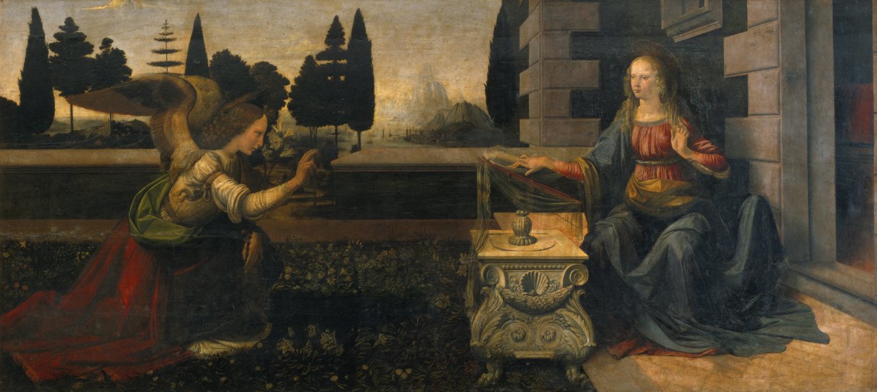 Zwiastowanie, 1472-75 (przed przywróceniem) autorstwa Leonardo da Vinci