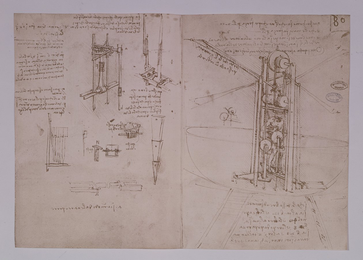 Ptasia maszyna latająca o skrzydłach pionowych, fol. 80r z Paryża Rękopis B, 1488-90 (pióro i tusz na papierze) autorstwa Leonardo da Vinci