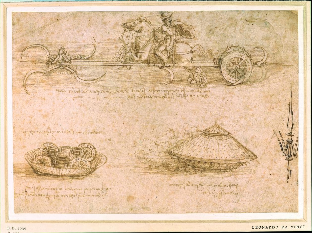 Samochód sierpowy i samochód pancerny autorstwa Leonardo da Vinci