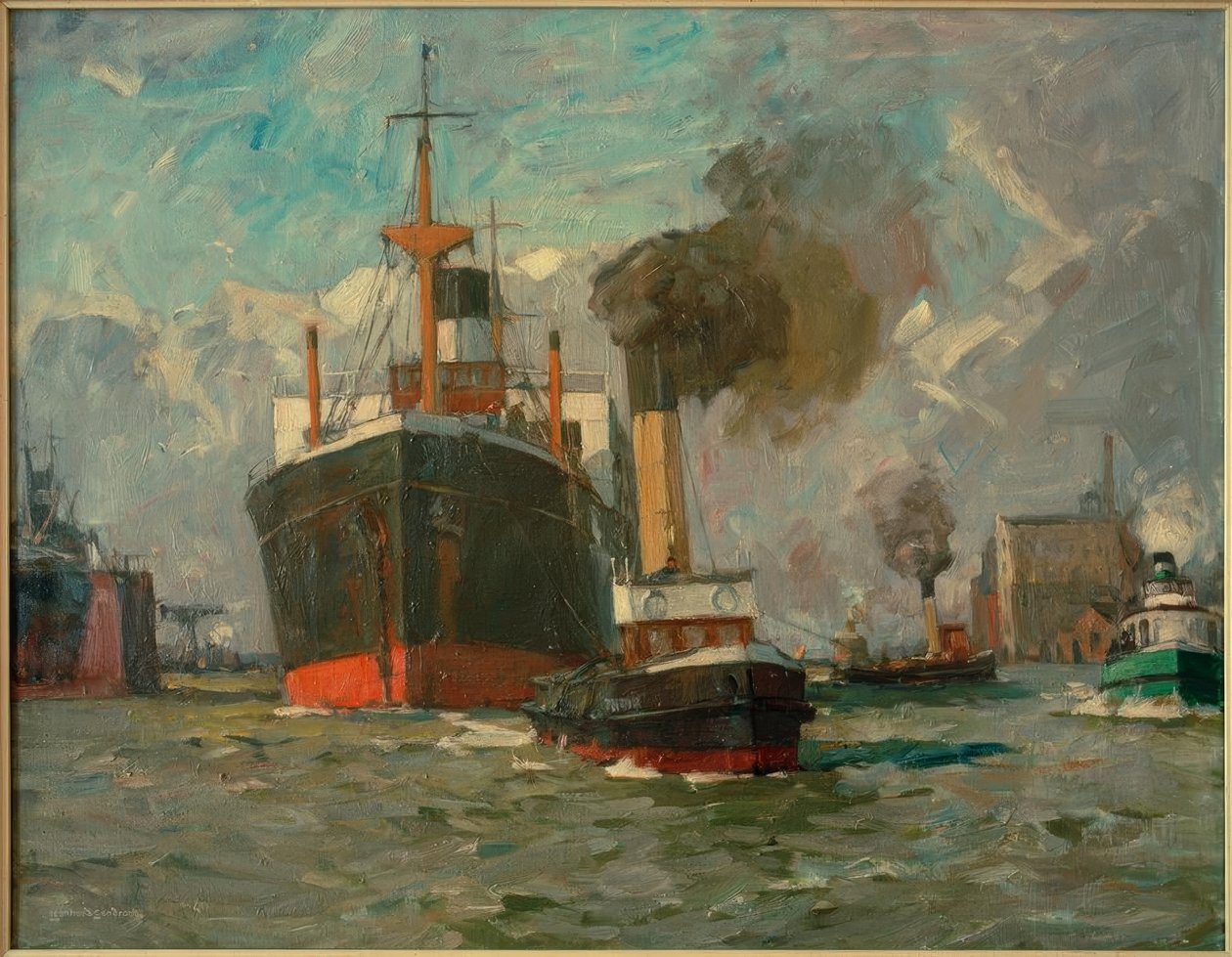 Przychodzący parowiec (Hamburg) autorstwa Leonhard Sandrock