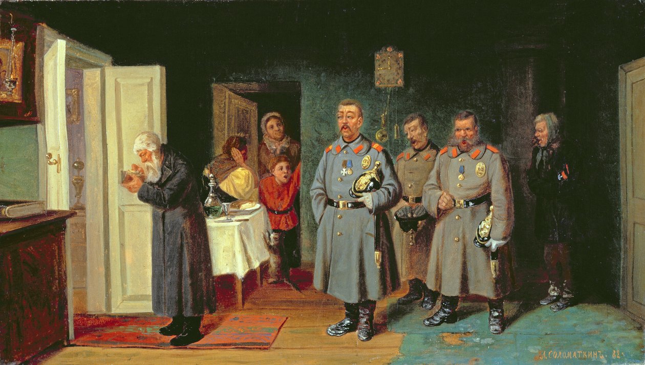 Policjanci śpiewają kolędy, 1867 autorstwa Leonid Ivanovich Solomatkin