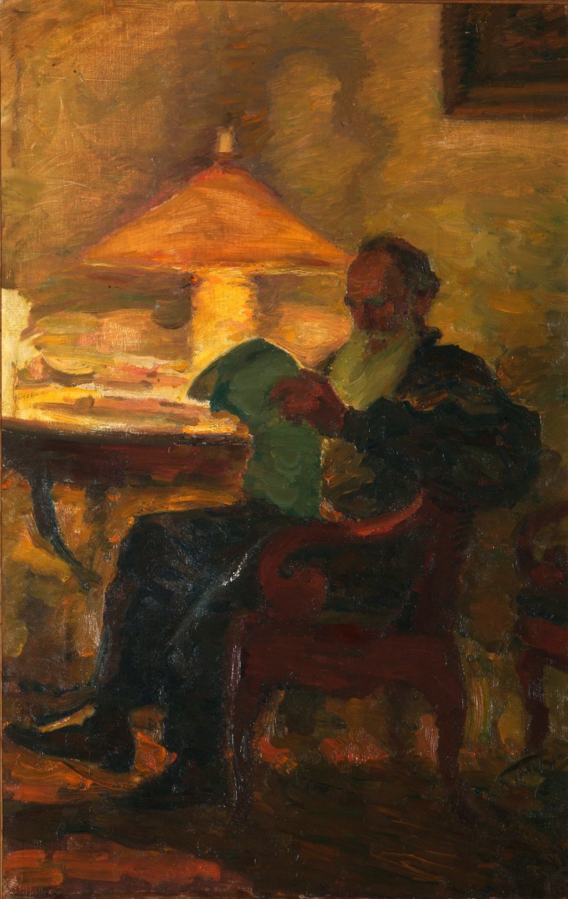 Lew Tołstoj z gazetą”, 1901. autorstwa Leonid Osipovich Pasternak