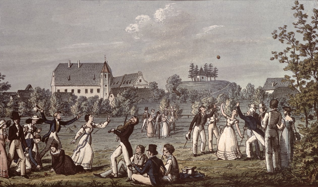 Gry w piłkę w Atzenbrugg z Franzem Schubertem (1797-1828) i przyjaciółmi siedzącymi na pierwszym planie (pióro i atrament i toaleta na papierze) autorstwa Leopold Kupelwieser