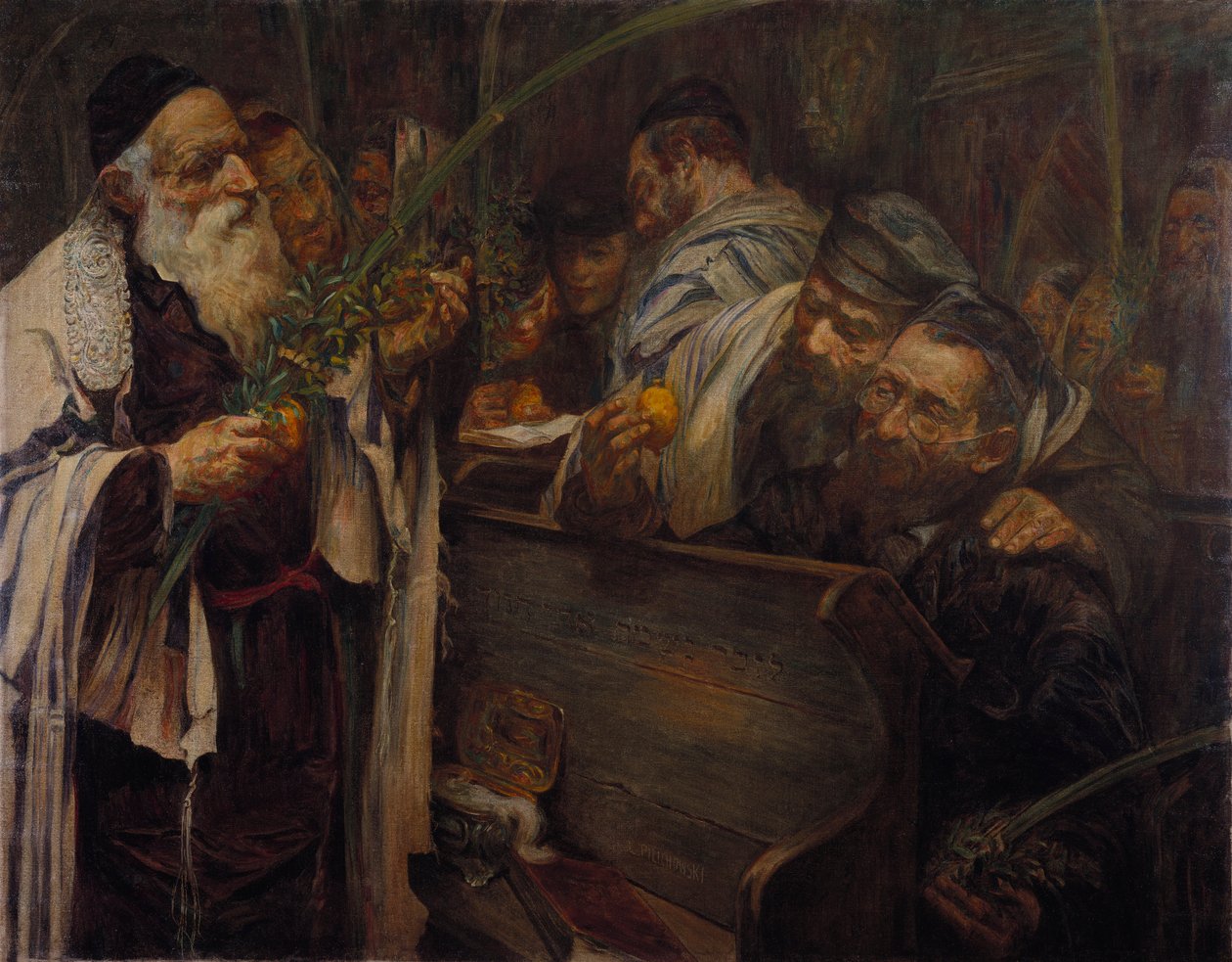 Sukkot w synagodze (olej na płótnie) autorstwa Leopold Pilichowski