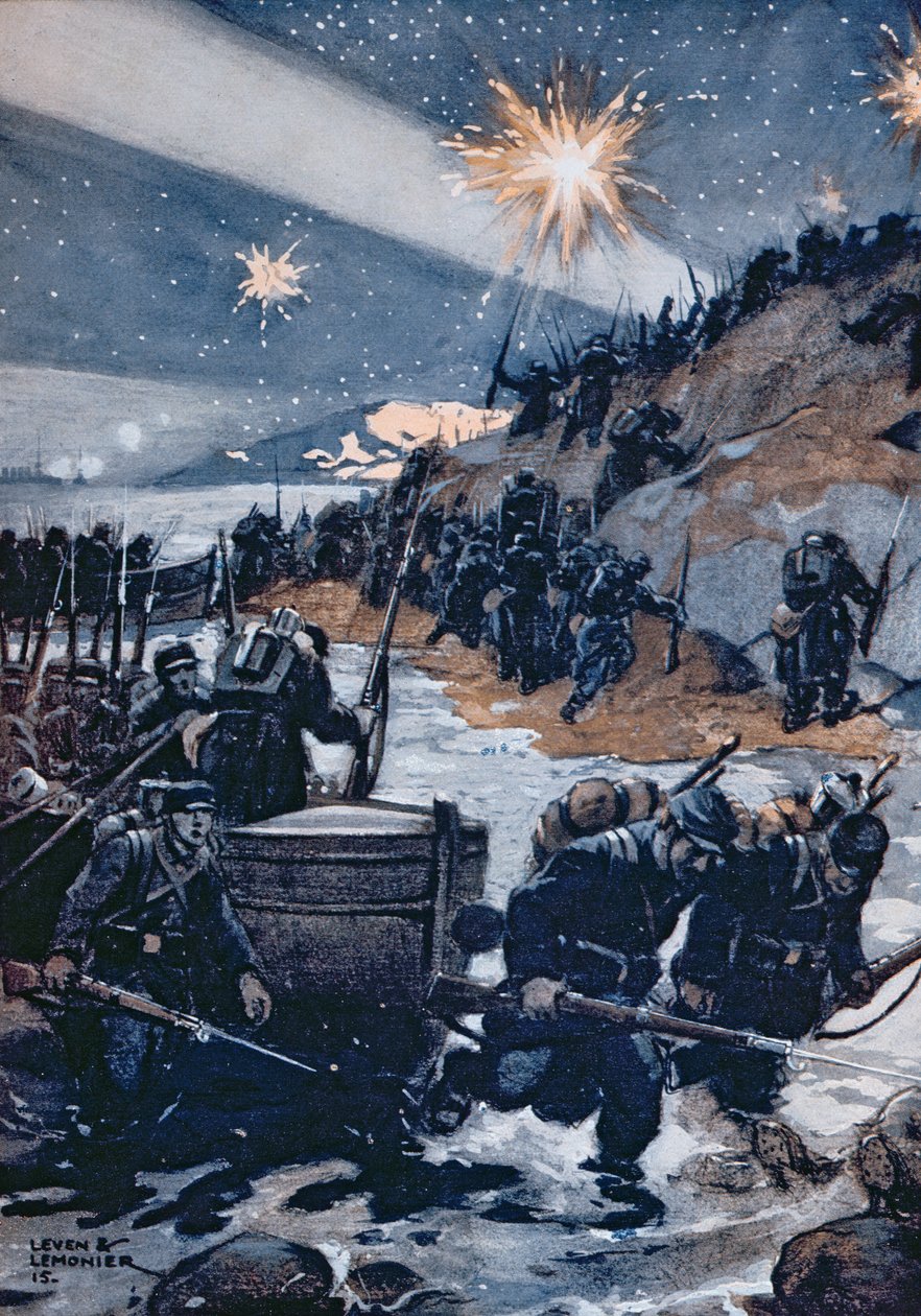 Nocne lądowanie w Dardanelach, ilustracja z „Les Pays de France”, 1915 autorstwa Leven and Lemonier