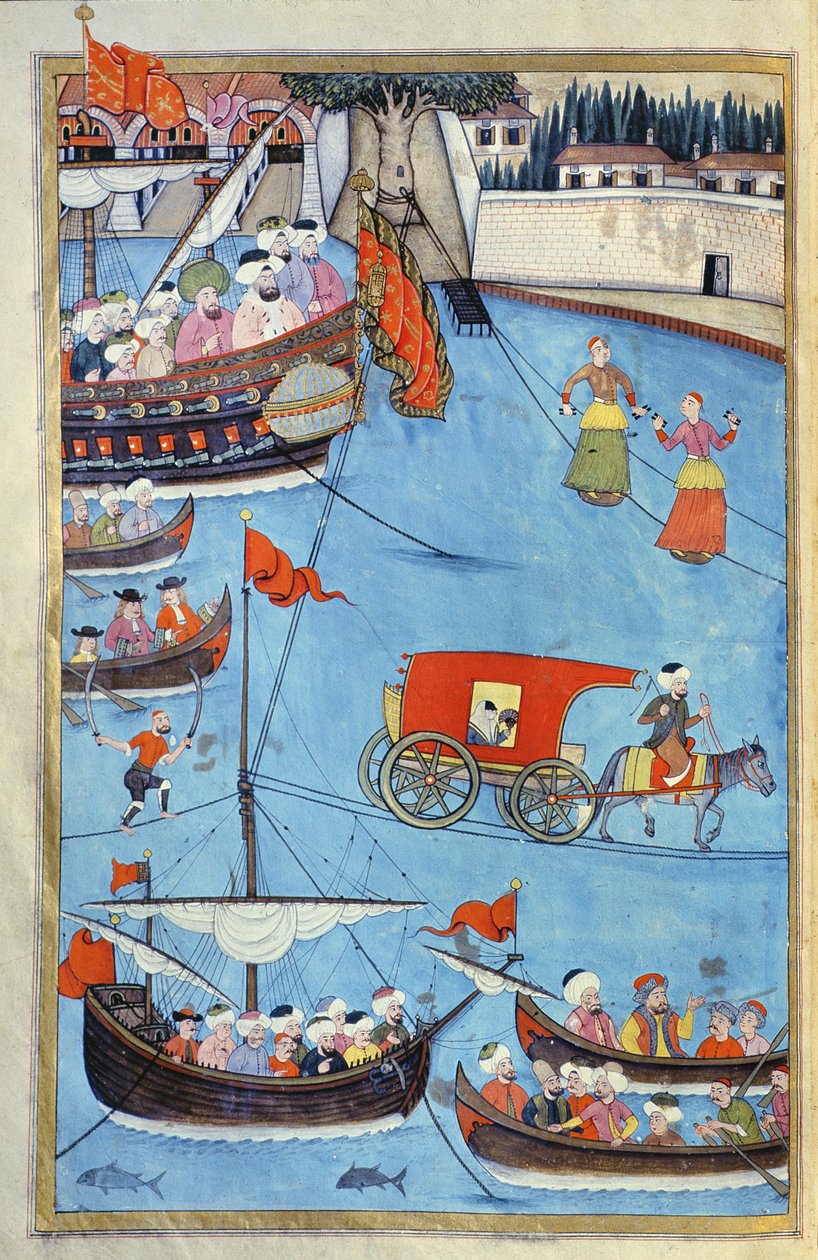 TSM A.3593 Festiwal żeglarski przed sułtanem Ahmedem III (1673-1736) z „Nazwiska” Vehbi, c.1720 autorstwa Levni