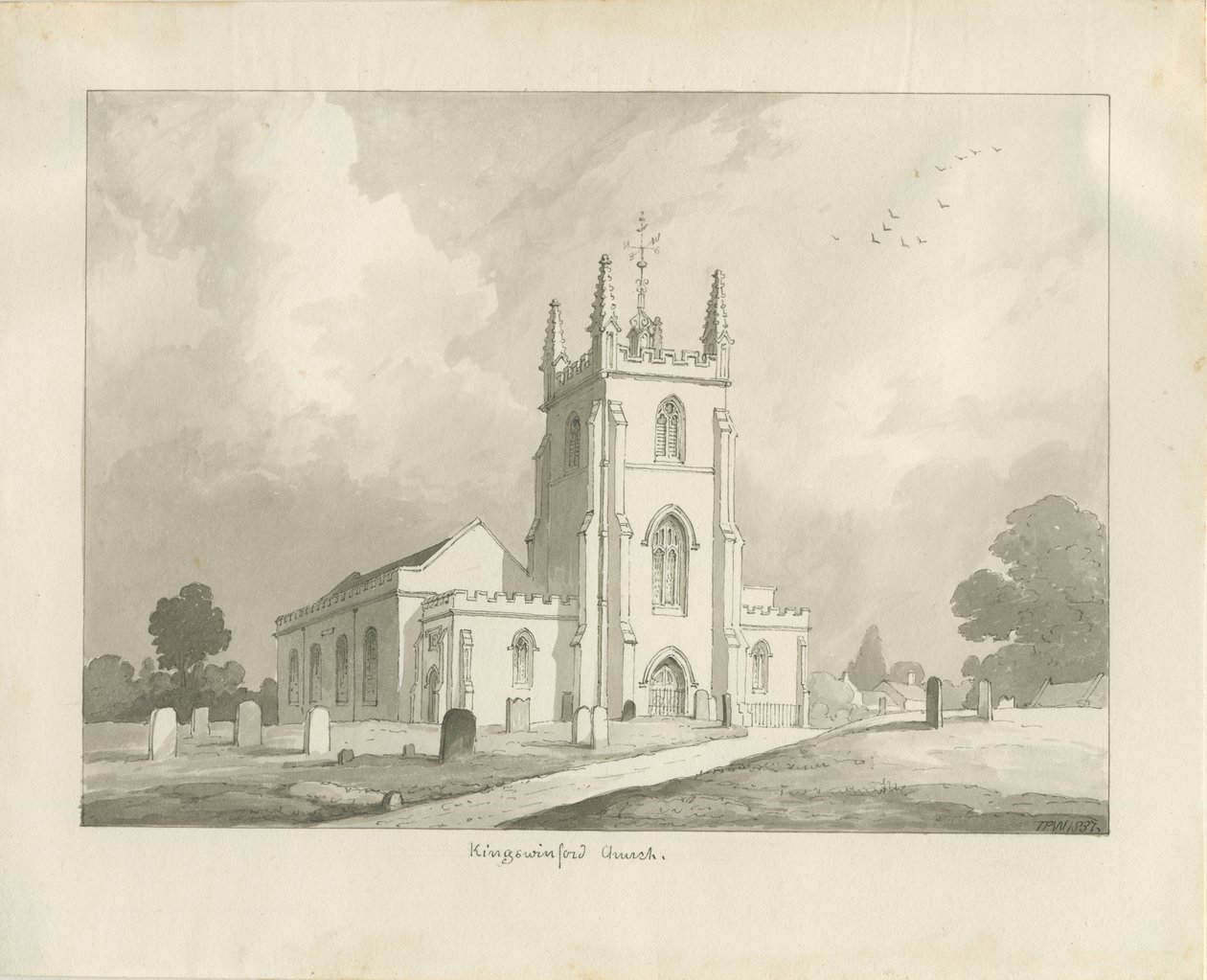 Kościół Kingswinford: rysunek w sepii, 1837 autorstwa Lewis John Wood
