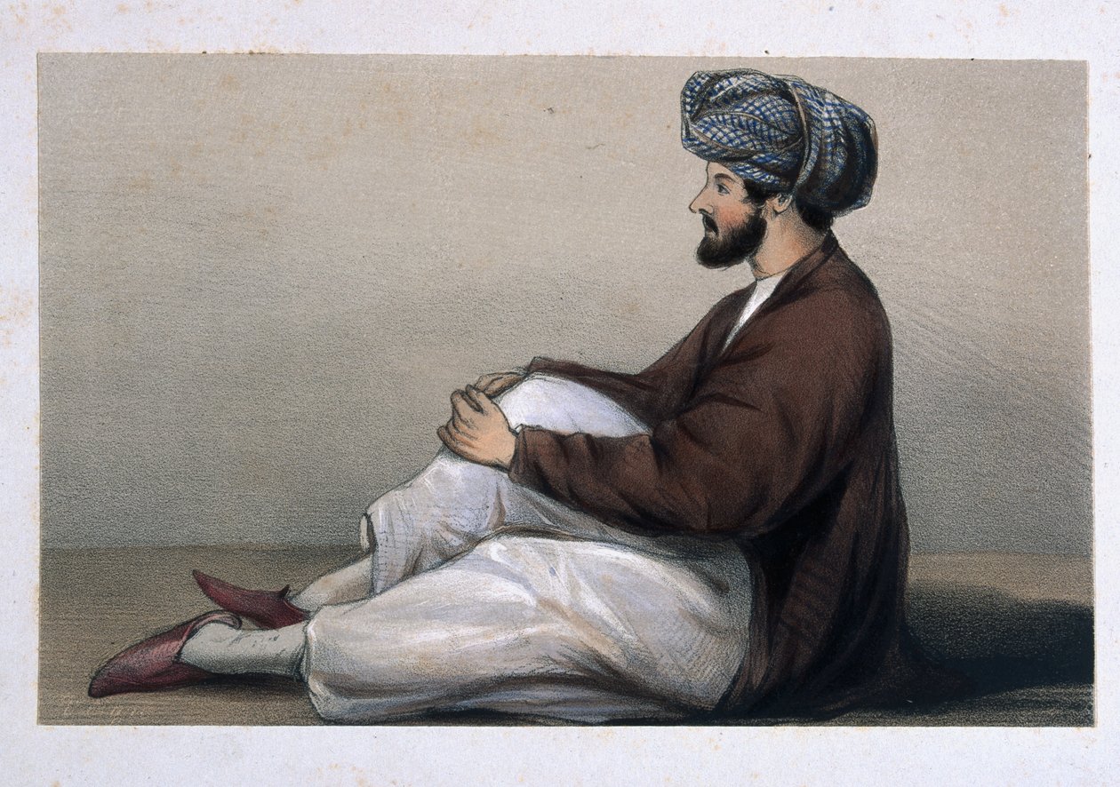 Major Chas Griffiths, 37. piechota, siedzący w stroju afgańskim, 1842 r. autorstwa Lieutenant Vincent Eyre