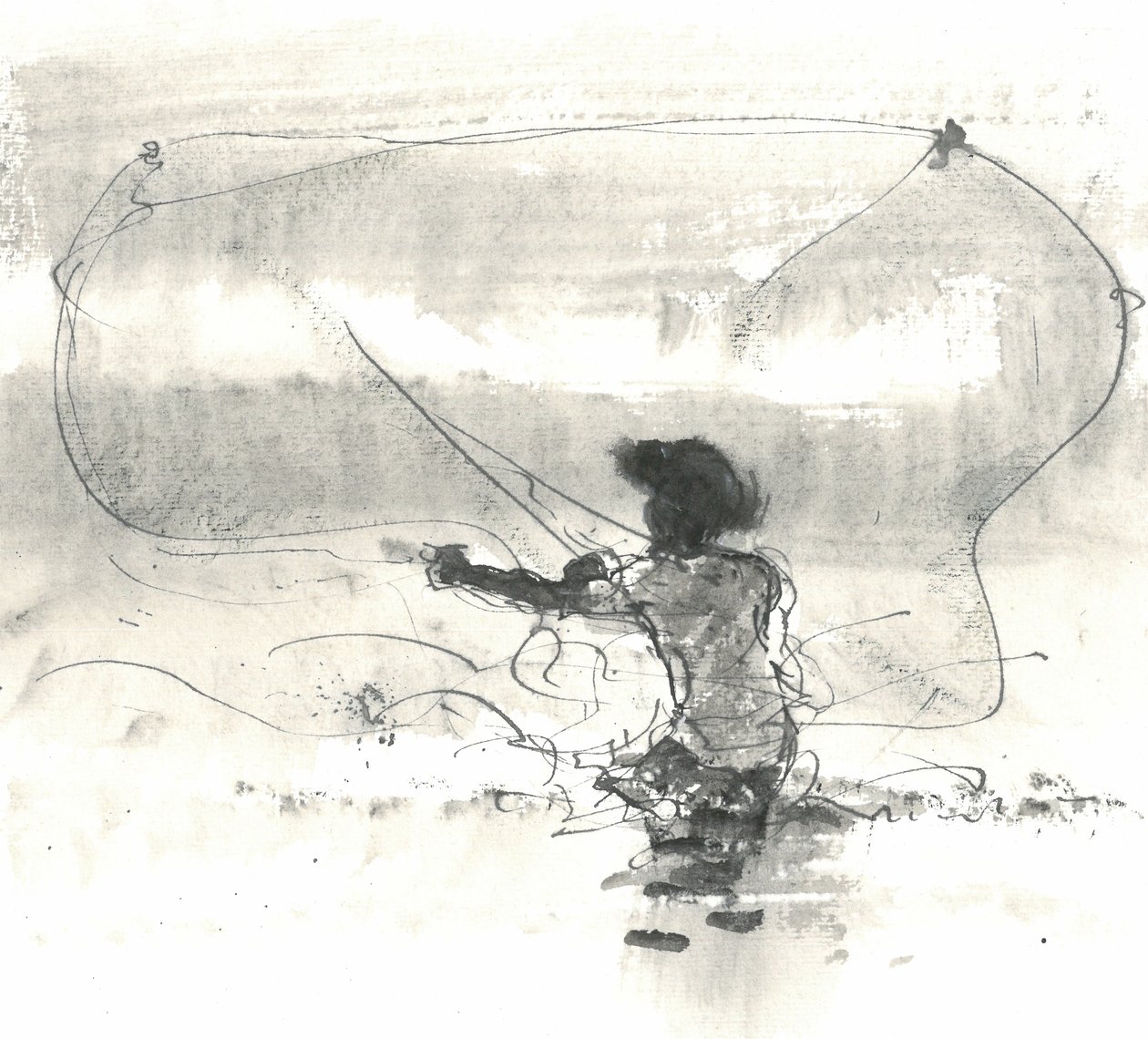 Rybak, Sri Lanka, 2015 (pióro i tusz z praniem na papierze) autorstwa Lincoln Seligman