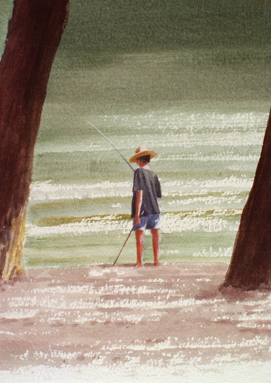 Henry Fishing, 1990 (akryl na papierze) autorstwa Lincoln Seligman