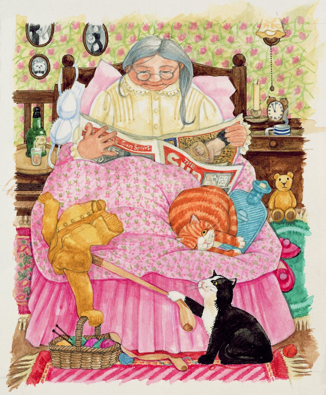 Babcia i 2 koty i różowe łóżko (wc na papierze) autorstwa Linda Benton