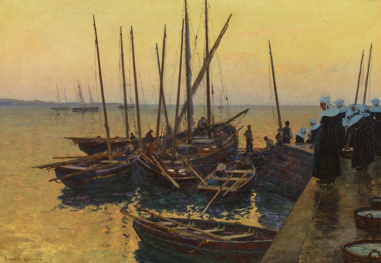 Łodzie rybackie wzdłuż molo autorstwa Lionel Walden