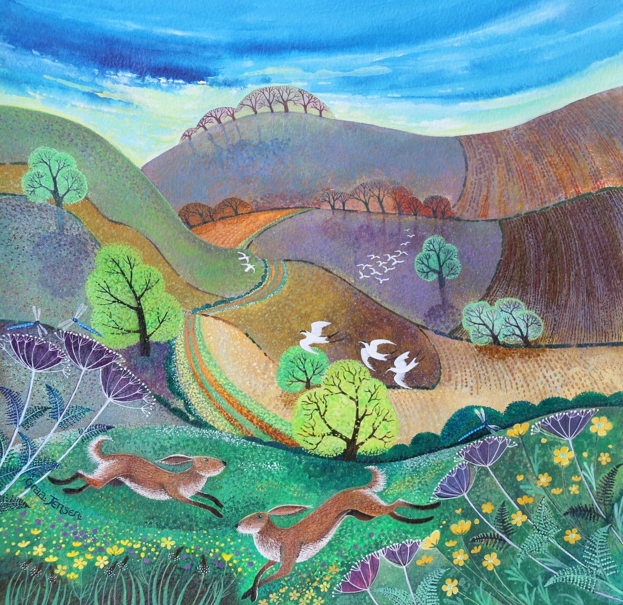 Downland Hares, 2017, (akryl na papierze) autorstwa Lisa Graa Jensen