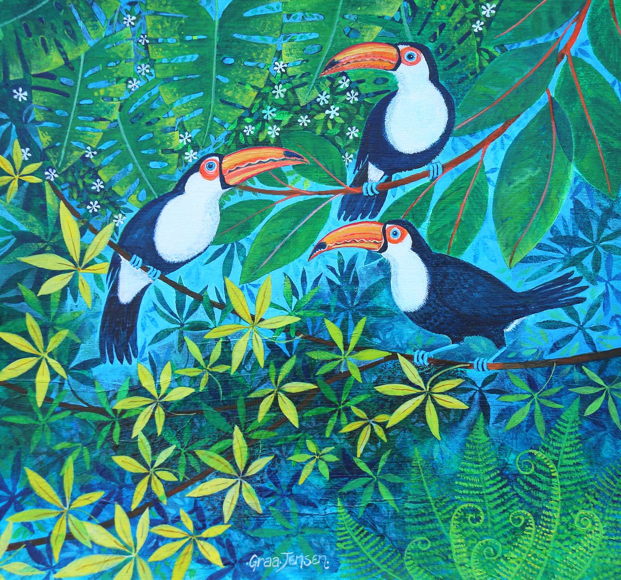 Toucan Threesome, 2024 (akryl na płótnie) autorstwa Lisa Graa Jensen