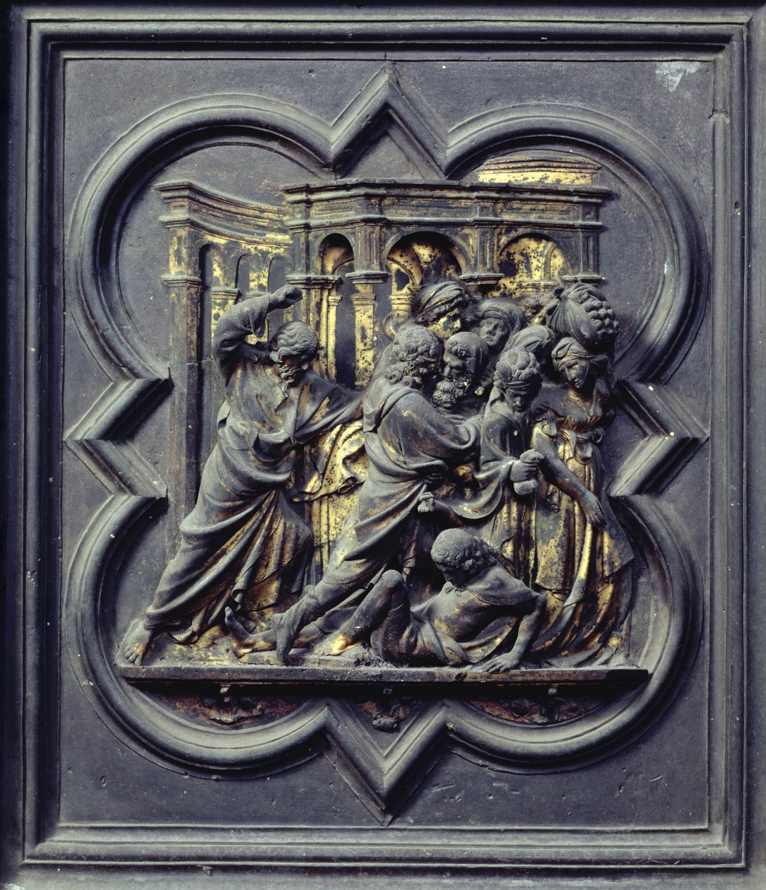Chrystus Chasing the Merchants from the Temple, siódmy panel północnych drzwi baptysterium San Giovanni, 1403-24 (brąz) autorstwa Lorenzo Ghiberti