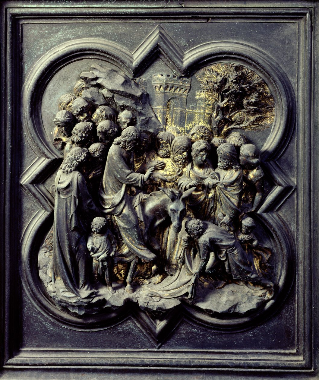 Wejście Jezusa do Jerozolimy, jedenasty panel północnych drzwi baptysterium San Giovanni, 1403-24 (brąz) autorstwa Lorenzo Ghiberti