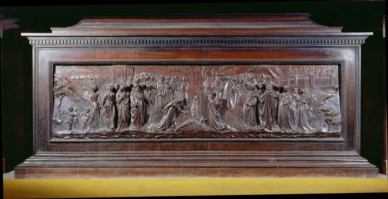 Sanktuarium św. Zenobiusza z jednym długim panelem przedstawiającym Cud Chłopca Strozziego. ok. 1432-42 (brąz) autorstwa Lorenzo Ghiberti