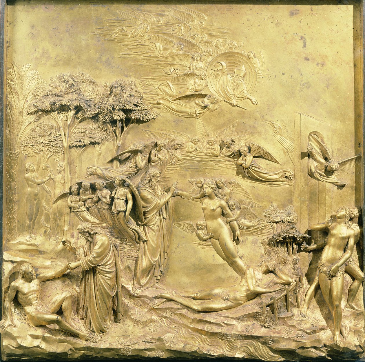 Historia Adama, jeden z oryginalnych paneli ze wschodnich drzwi Baptysterium, 1425-52 (brąz złocony) (po renowacji) autorstwa Lorenzo Ghiberti