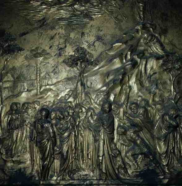 Historia Mojżesza na górze Synaj, fragment z Wrota Raju, 1425-52 (brąz) autorstwa Lorenzo Ghiberti