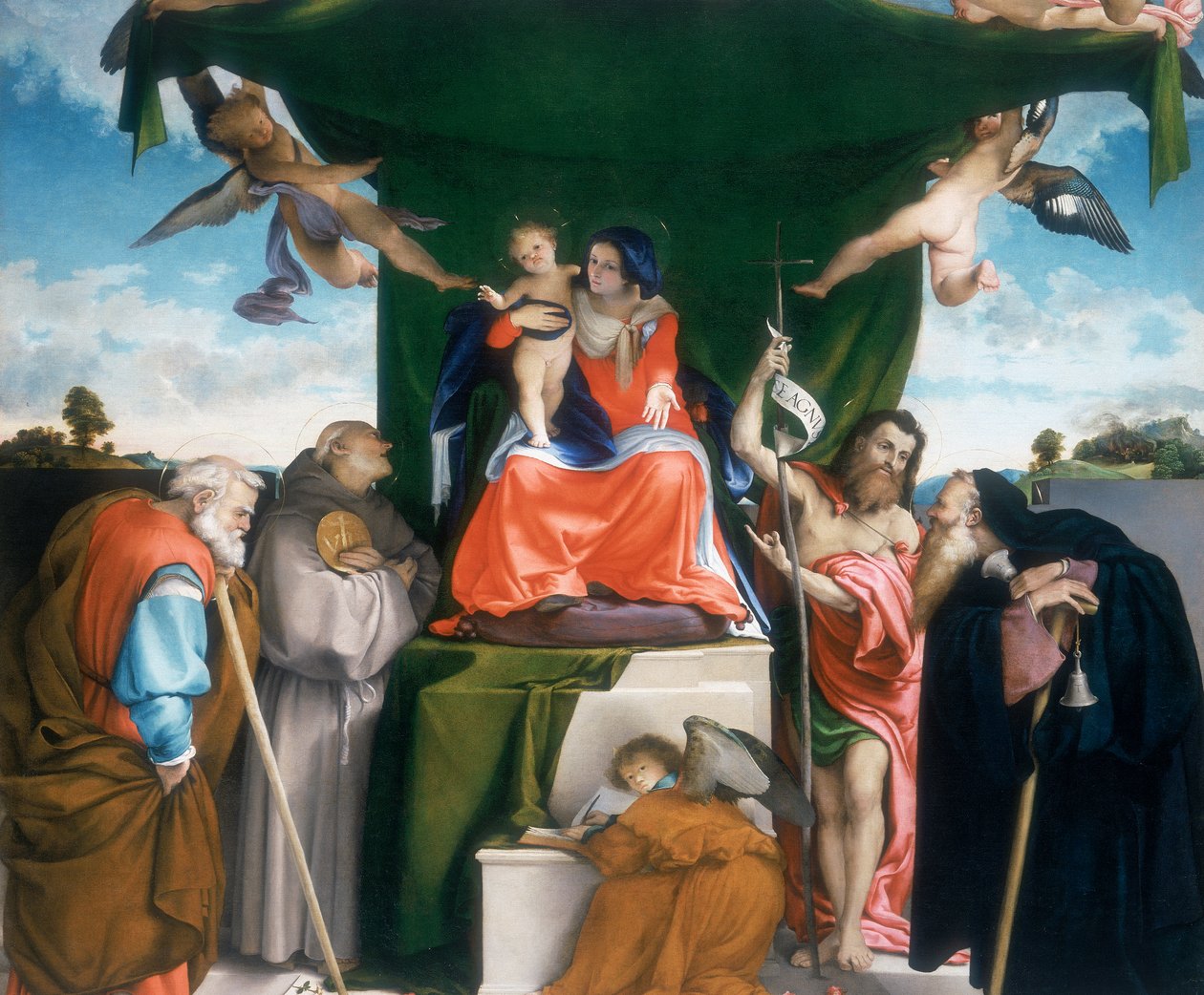 Madonna z Dzieciątkiem na tronie z aniołami i świętymi autorstwa Lorenzo Lotto