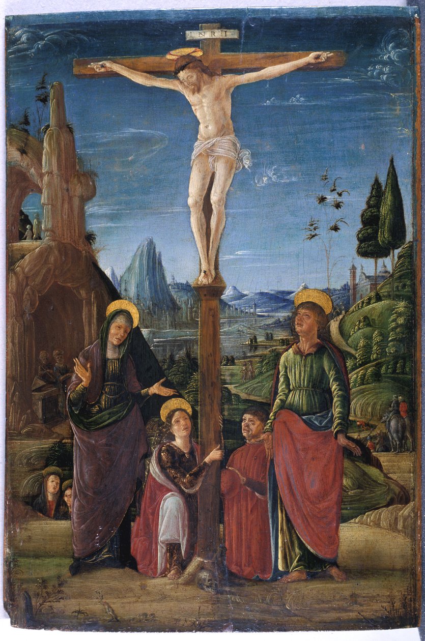 Ukrzyżowanie z Marią, Janem, Marią Magdaleną i dobroczyńcą, ok. 1480 (tempera na drewnie) autorstwa Lorenzo attr. to Costa