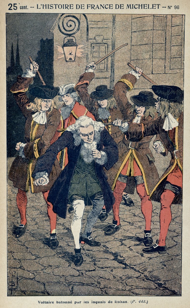 Biczowanie Woltera (1694-1778) przez lokajów księcia de Rohan w 1726 r., ok. 1900 r. autorstwa Louis Charles Bombled