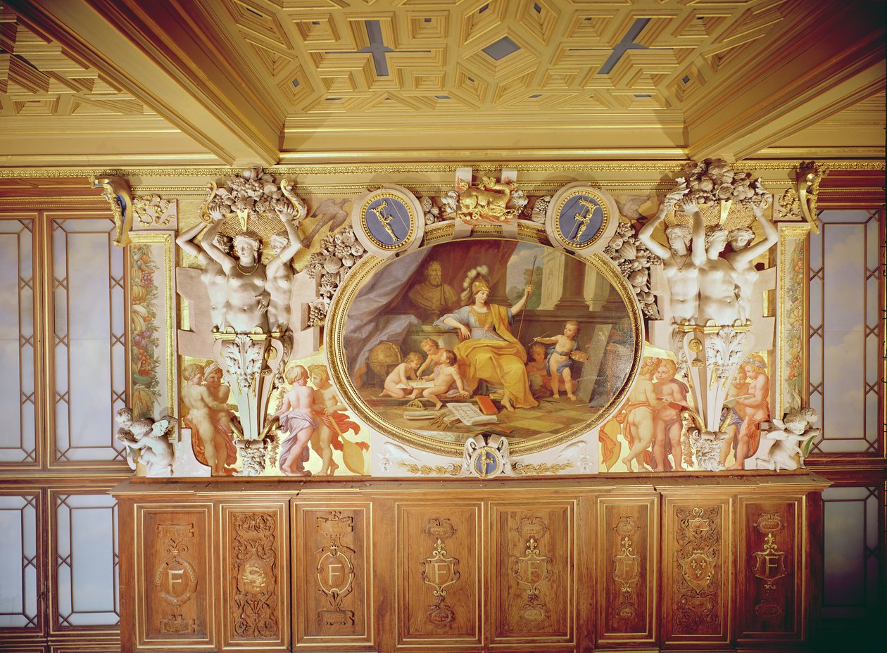 Galerie François I, fresk przedstawiający „La Nymphe de Fontainebleau” (stiuk, widoczna część stropu i stolarki), wg Rosso Fiorentino, Giovanni Battista (1494-1540), 1860 (fresk, sztukaterie i autorstwa Louis Charles Auguste Couder