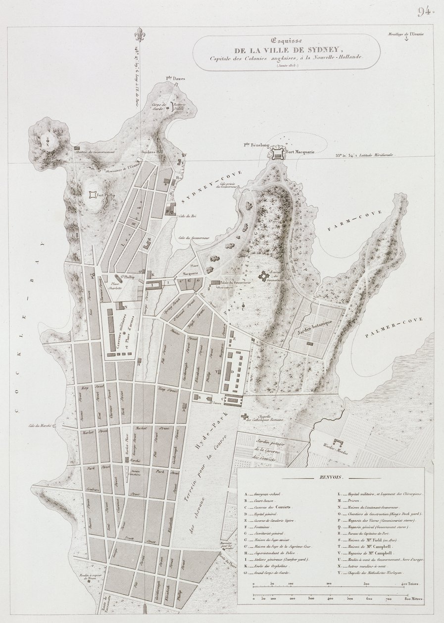 Plan miasta Sydney, z Voyage Autour du Monde (1817-20), opublikowany w latach 1822-24 autorstwa Louis Claude Desaulses de Freycinet