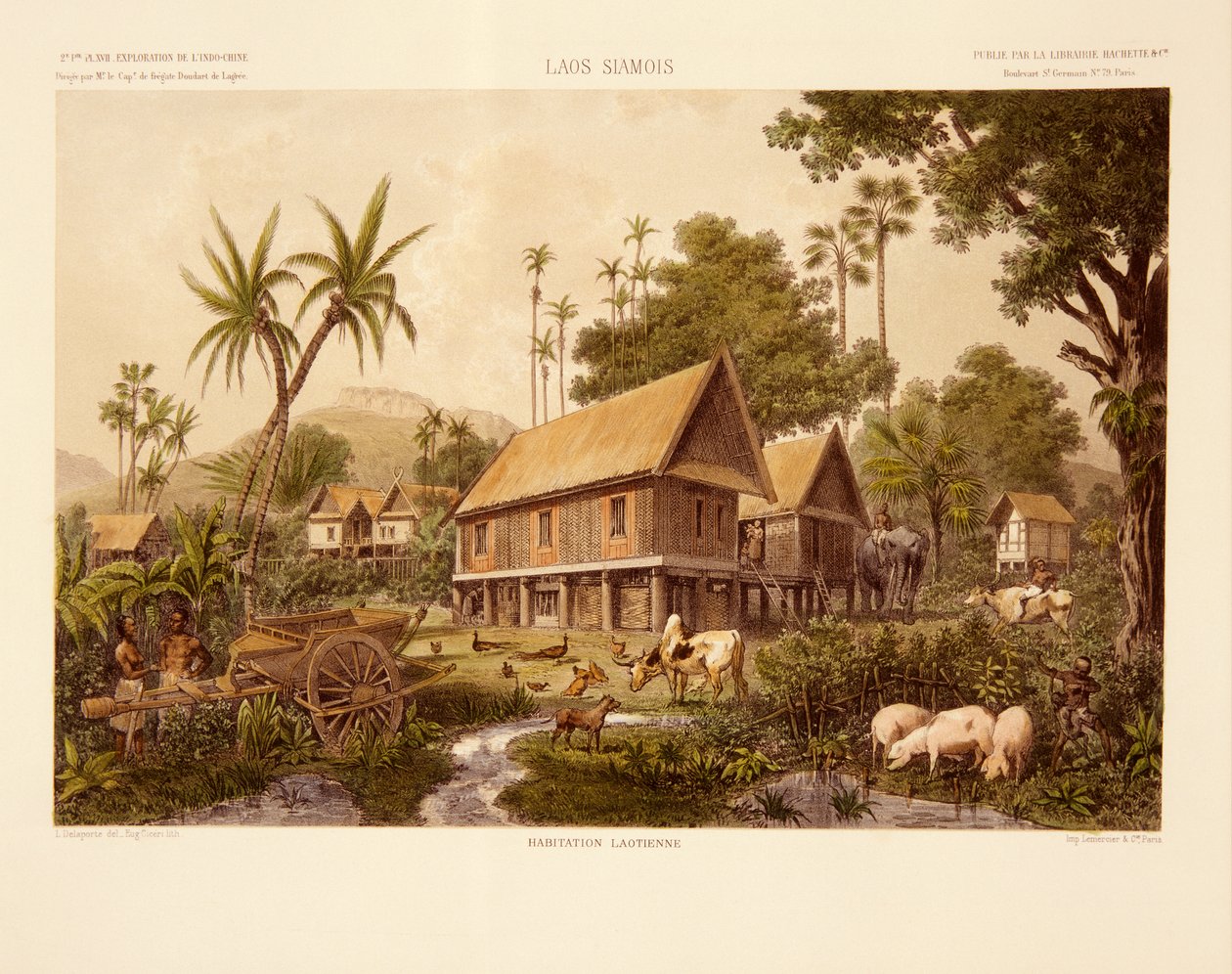 Laos House, grafika wykonana przez Eug. Ciceri, ilustracja z „Podróży poszukiwawczej w Indochinach w latach 1866, 1867 i 1868” Francisa Garniera und Ernesta Doudarta de Lagree, opublikowana w 1873 r. (kolor autorstwa Louis Delaporte