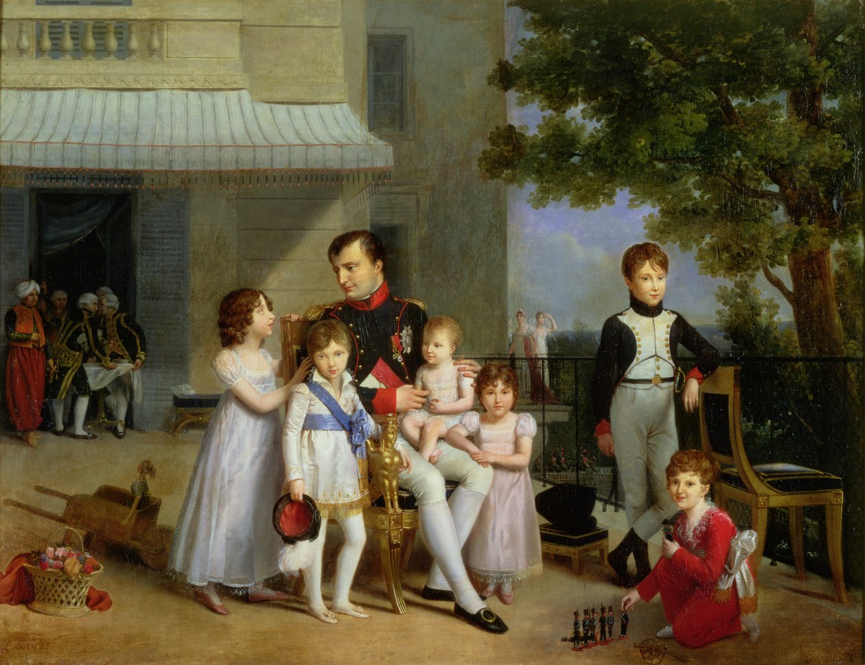 Portret Napoleona Bonaparte (1769-1821) z jego bratankami i siostrzenicami na tarasie w Saint-Cloud, 1810 autorstwa Louis Ducis