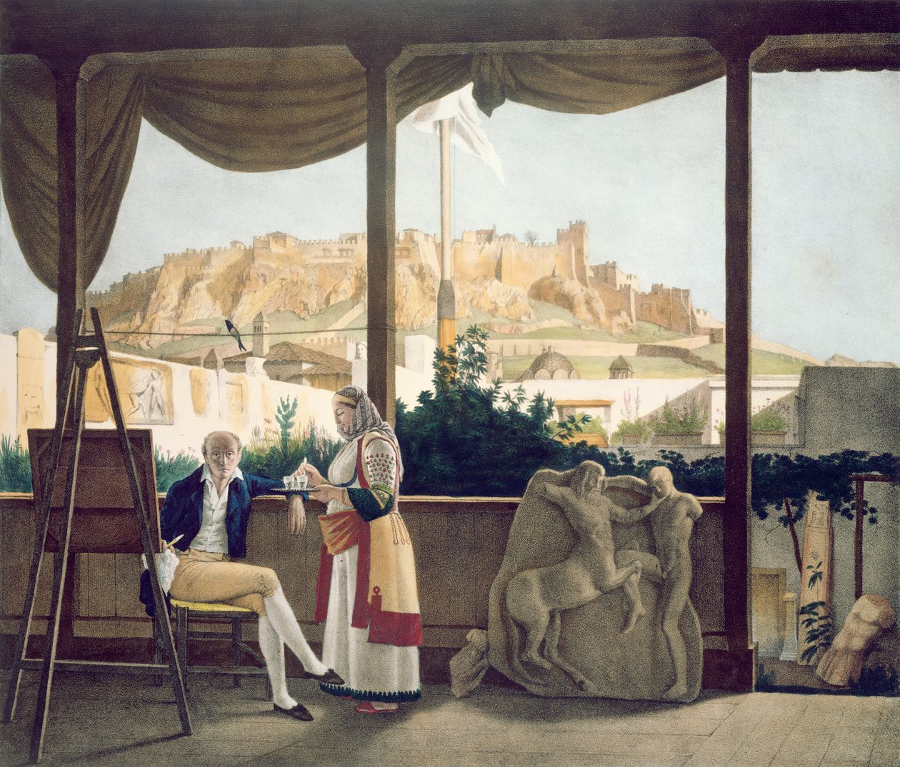 Konsul francuski, Monsieur Fauvel, na tarasie swojego domu w Atenach, ryty przez braci Thierry, 1825 autorstwa Louis Dupré