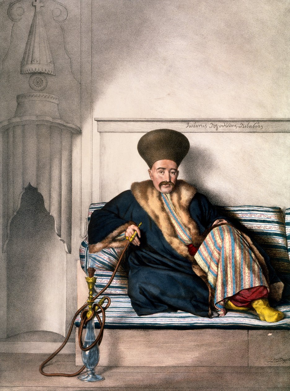 Grek człowieka w barwach - tablica XV, rytowana przez Lemerciera z „Podróży po Athènes et a Konstantynopola”, napisana i zilustrowana przez Dupre, 1828 autorstwa Louis Dupré