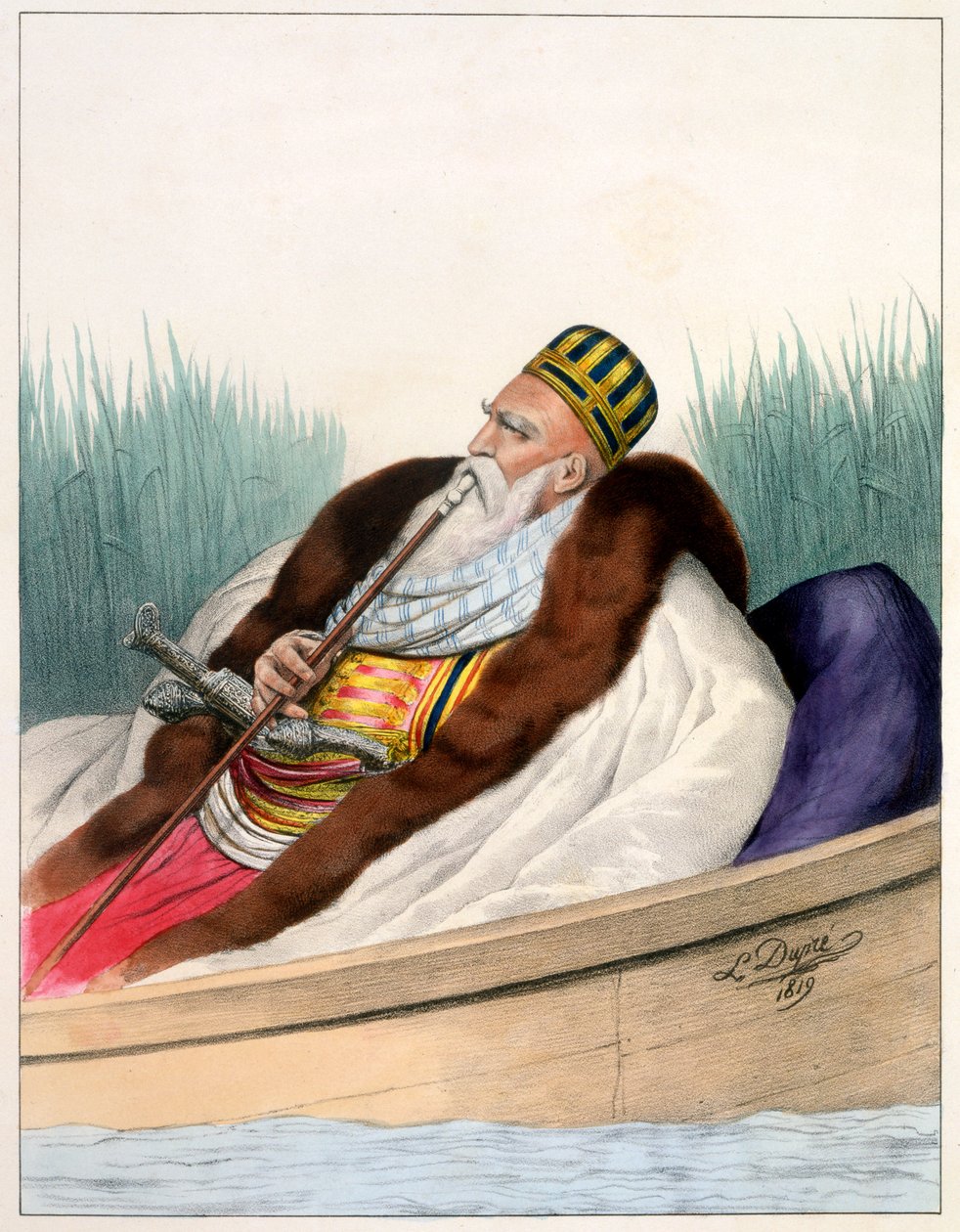 Ali Pasha de Janina w łodzi na jeziorze Butrinte w 1819 r. - Tablica VII, rytowana przez Lemerciera z „Podróży do Aten i Konstantynopola”, napisana i zilustrowana przez Dupre, 1828 autorstwa Louis Dupré