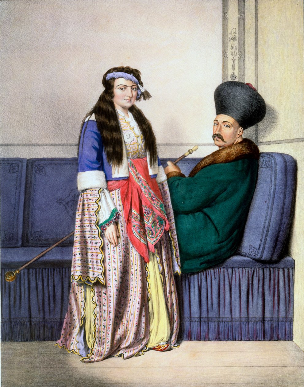 Cena ormiańska i jego żona - Tablica XXVII, sztychowana przez Lemerciera z „Podróży po Athènes et a Konstantynopola”, napisana i zilustrowana przez Dupre, 1828 autorstwa Louis Dupré