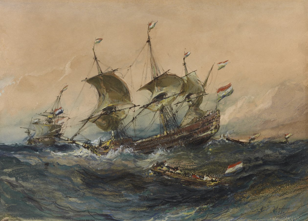 Шуурга дахь Голландын хөлөг онгоцууд, 1839 (wc ба нэхмэл цаасан дээрх гуаш) поли autorstwa Eugene Isabey