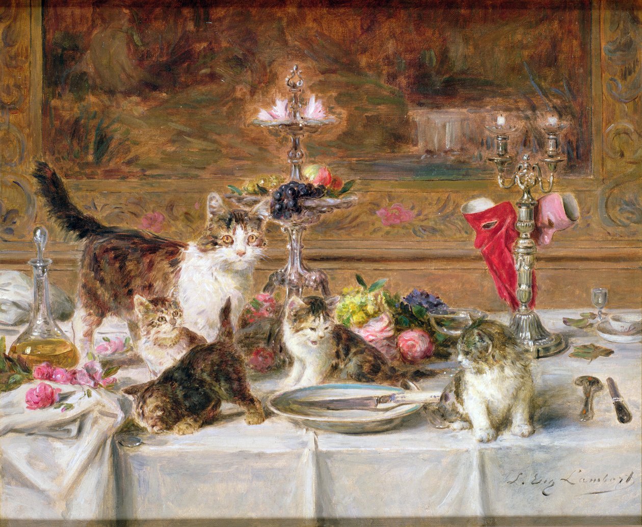 Kocięta na bankiecie, XIX w. autorstwa Louis Eugene Lambert
