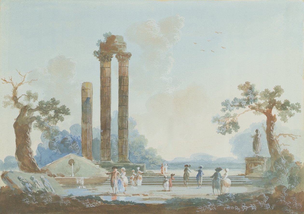 Promenada w parku o zmierzchu: zestaw wisiorków, 1784 (patrz 309377 dla pary) autorstwa Louis Gabriel Moreau