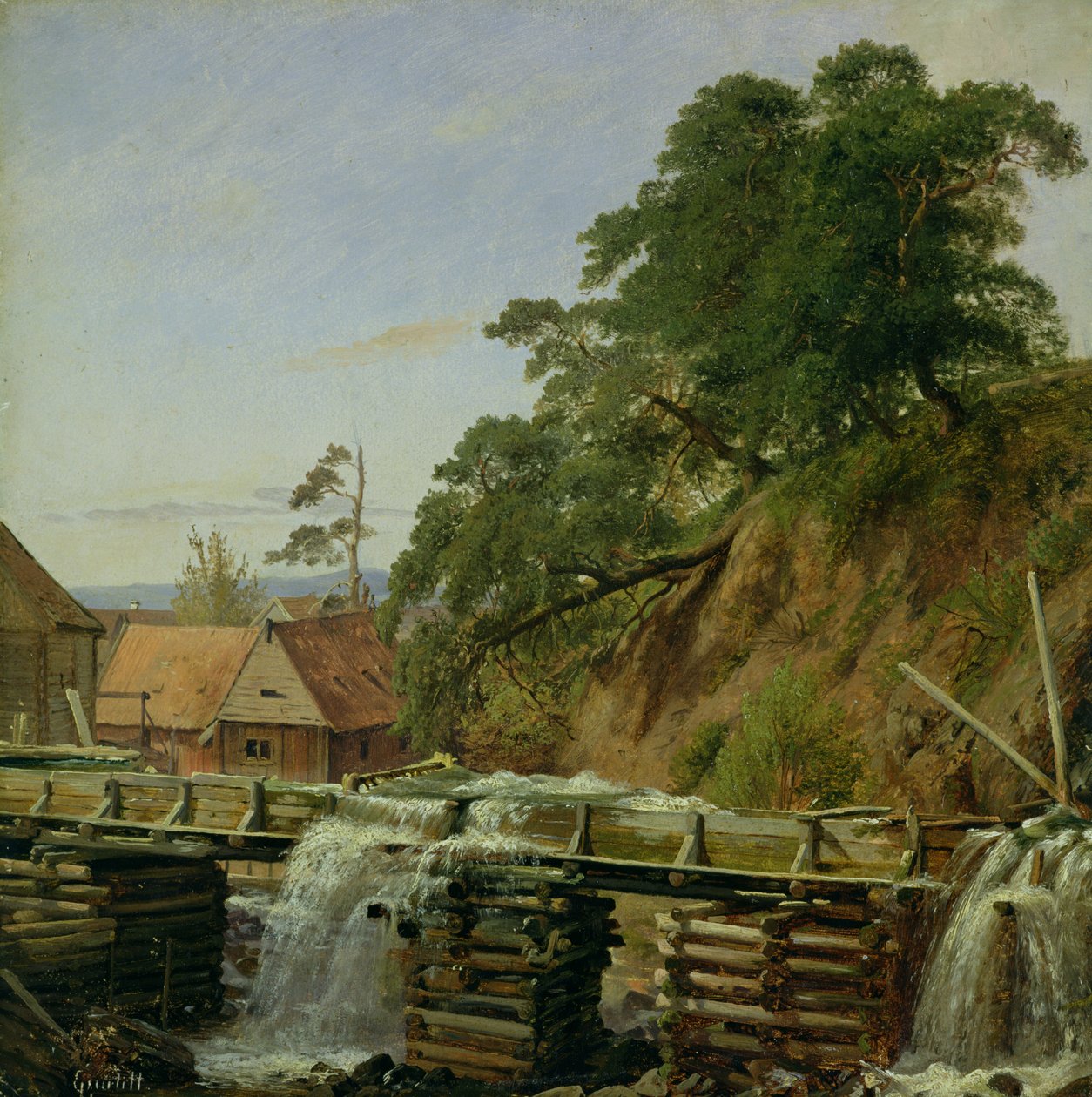Młyn wodny w Christianii, ok.1834 (olej na papierze na tekturze) autorstwa Louis Gurlitt