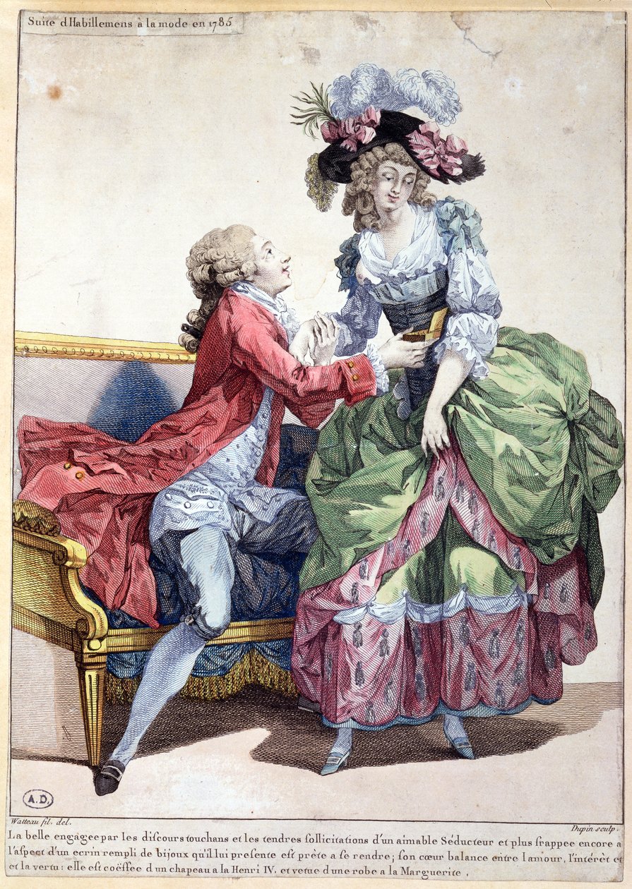 Tabliczka modowa z 1785 r. (kolorowy grawerunek) autorstwa Francois Louis Joseph Watteau