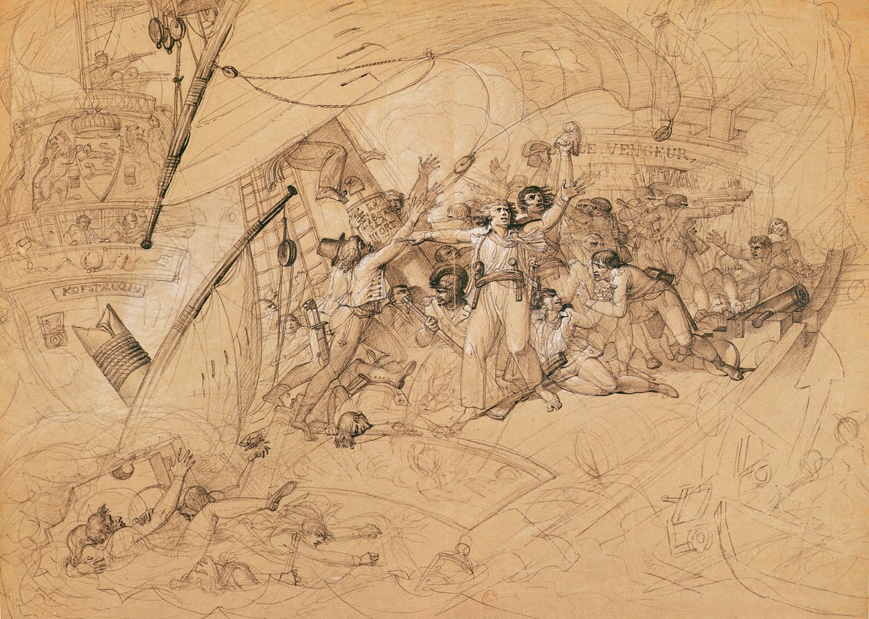 „Le Avengeur du Peuple” zatonięcie w bitwie pod Ouessant, 1 czerwca 1794 (grafit na papierze) autorstwa Louis Lafitte