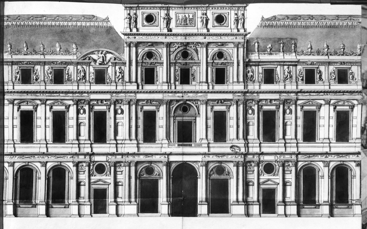 Luwr: elewacja pawilonu na środku rzeki, ok. 1660-1663 (pióro i atrament i pranie na papierze) autorstwa Louis Le Vau