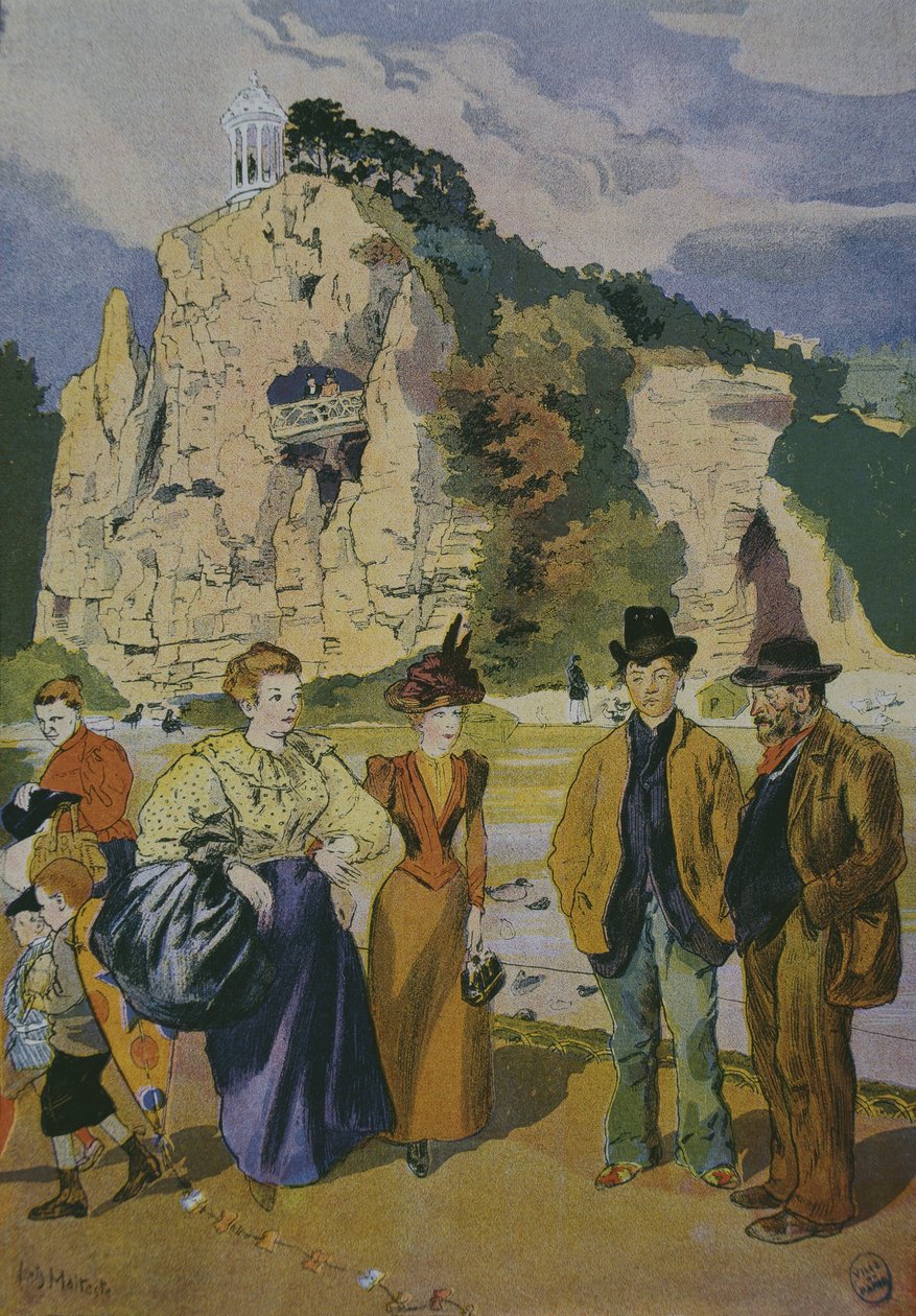 Les Buttes Chaumont (kolorowe grawerowanie) autorstwa Louis Malteste