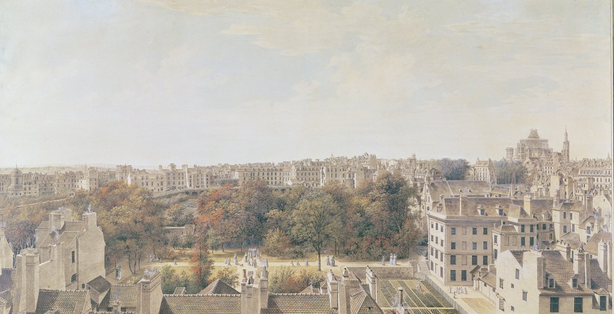 Widok Paryża z Belwederu M. Fornelle, rue des Boulangers, 1787 (długopis, brązowy atrament, wc i gwasz na papierze) autorstwa Louis Nicolas de Lespinasse