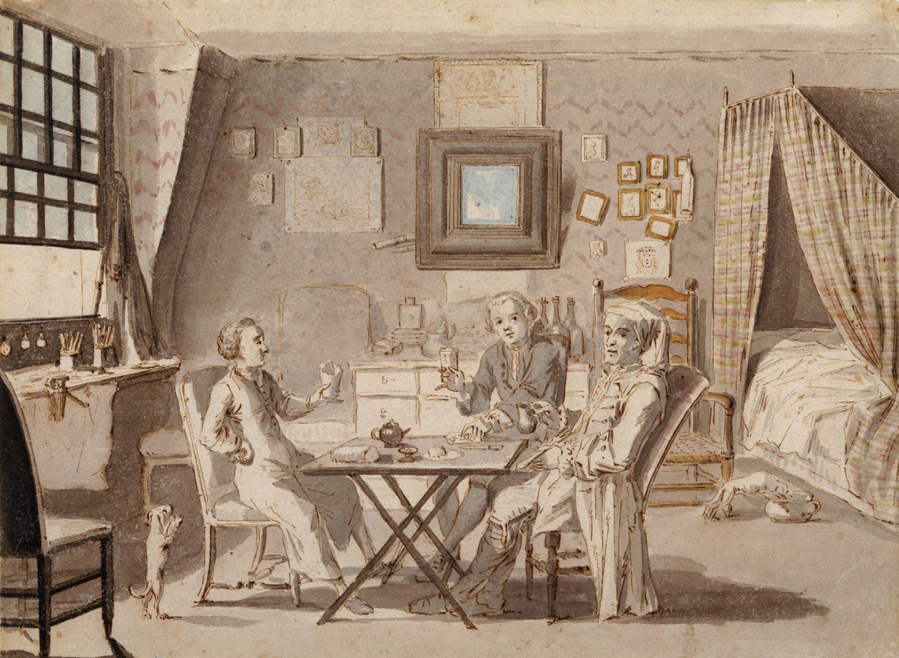 Autoportret z dwoma młodymi mężczyznami (pióro i brązowy atrament i toaleta na papierze) autorstwa Louis Philippe Boitard