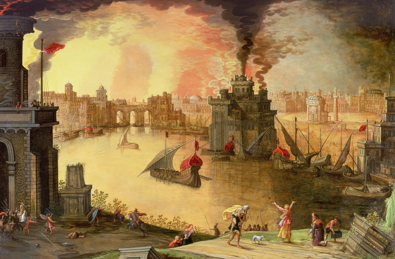 Spalenie Troi (panel) autorstwa Louis de Caullery
